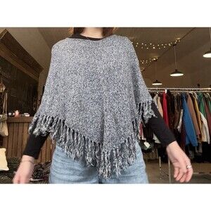 Norton McNaughton Women's Gray White Marl Knit Fringe Poncho One Size